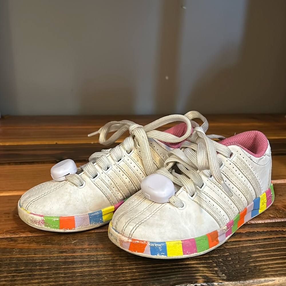 K-Swiss white leather shoes with color block soles